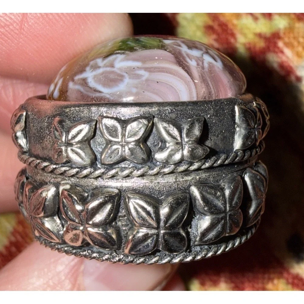 Murano Millefiori Glass Etched Silver Tone  Pill Trinket Box 1 1/2